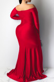 Vestido de noche de manga larga con abertura en el hombro sin espalda sólida de talla grande sexy rojo