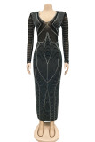 Black Fashion Sexy Patchwork Hot Drilling See-through V Neck Long Sleeve Dresses