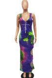 Purple Sexy Print Hollowed Out Patchwork V Neck One Step Skirt Dresses