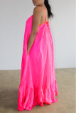 Fluorescerende roze sexy casual effen backless spaghetti band losse sling jurk
