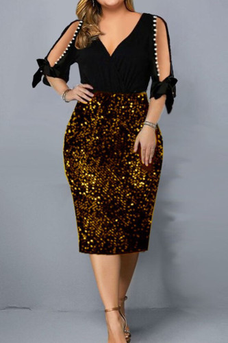 Gold Sexy Solid Sequins Patchwork Beading V Neck Dresses