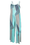 Baby Blue Casual Print Patchwork Spaghetti Strap Plus Size Jumpsuits