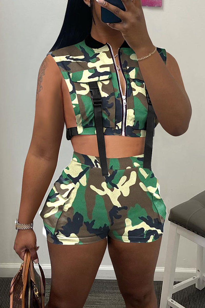 

Camouflage Sexy Print Camouflage Print Hollowed Out Patchwork Zipper Collar Sleeveless Two Pieces