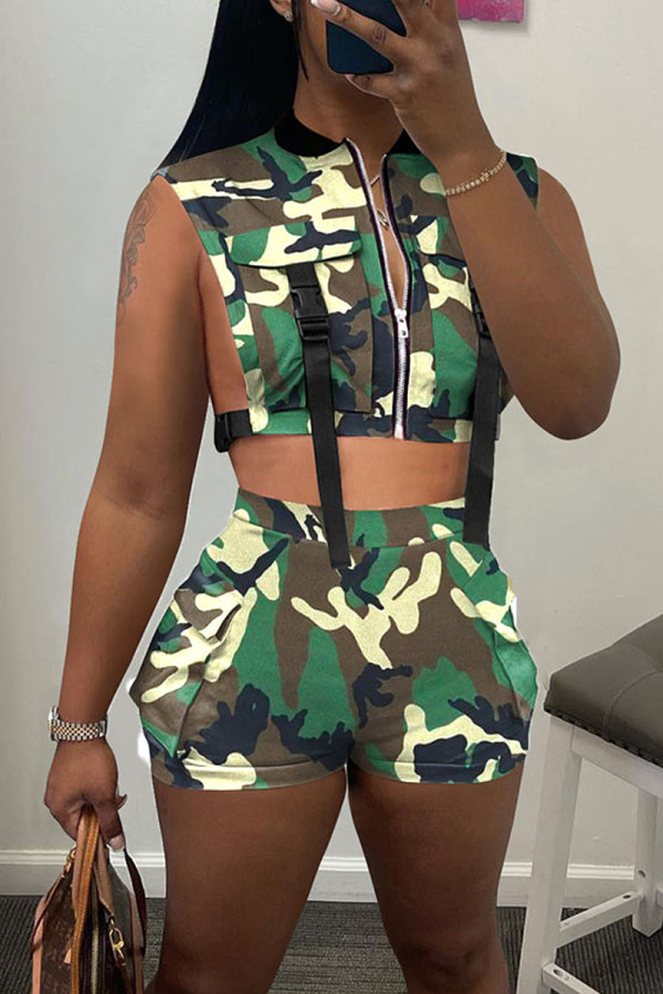 Camouflage Sexy Print Camouflage Print Hollowed Out Patchwork Zipper Collar Sleeveless Two Pieces