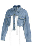 Giacca di jeans regolare a maniche lunghe con colletto rovesciato asimmetrico con catene con fibbia in patchwork nero tinta unita