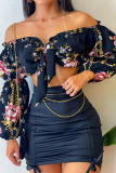 Black Sexy Casual Print Backless Off the Shoulder Long Sleeve Two Pieces