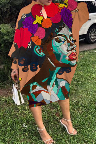 Multicolor Fashion Print Hollowed Out Round Neck Long Sleeve Dress