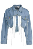 Correntes de fivela de patchwork antigo preto de rua sólida gola assimétrica manga longa jaqueta jeans regular