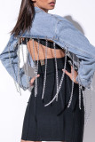 Black Street Solid Make Old Patchwork Buckle Chains Asymmetrical Turndown Collar Long Sleeve Regular Denim Jacket
