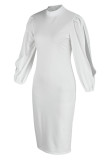 Белые модные повседневные однотонные платья с круглым вырезом и длинными рукавами