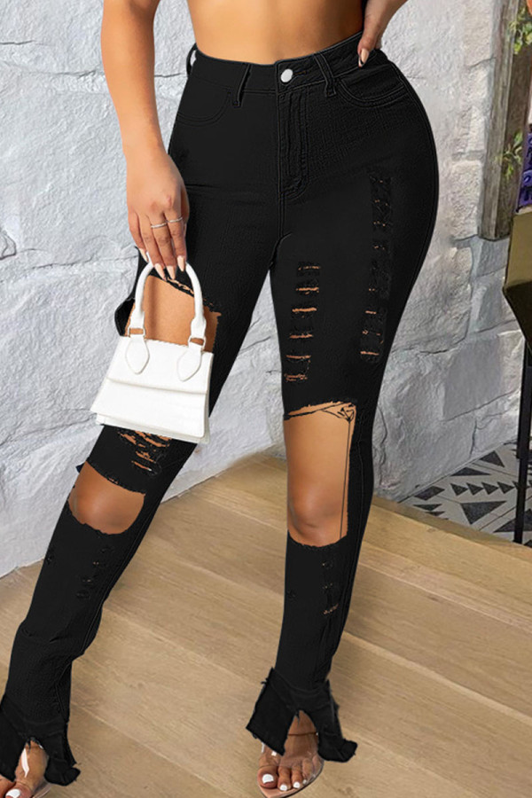 Black Sexy Street Solid Ripped Patchwork High Waist Denim Jeans