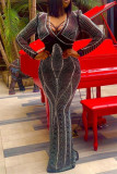 Vestidos de manga larga con cuello en V transparentes con perforación en caliente de retazos sexy de moda roja