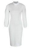 Witte mode casual effen uitgeholde O-hals jurken met lange mouwen