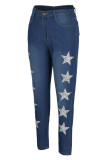 Medium Blue Fashion Casual The Stars Patchwork Skinny Denim Jeans mit hoher Taille