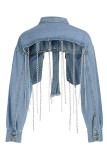 Correntes de fivela de patchwork antigo preto de rua sólida gola assimétrica manga longa jaqueta jeans regular