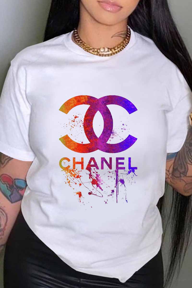 

White Fashion Street Print Letter O Neck T-Shirts