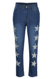 Medium blauwe mode casual De sterren patchwork skinny jeans met hoge taille
