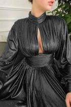 ブラックファッションソリッドホローアウトパッチワークスリットタートルネック長袖ドレス