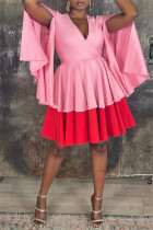 Розовые модные повседневные однотонные лоскутные контрастные платья с V-образным вырезом
