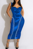 Blauwe sexy effen patchwork doorschijnende hot boor spaghetti band een stap rok jurken