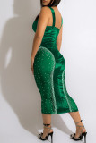 Green Sexy Solid Patchwork See-through Hot Drill Spaghetti Strap One Step Skirt Dresses