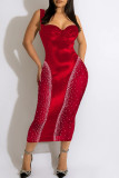 Burgundy Sexy Solid Patchwork See-through Hot Drill Spaghetti Strap One Step Skirt Dresses