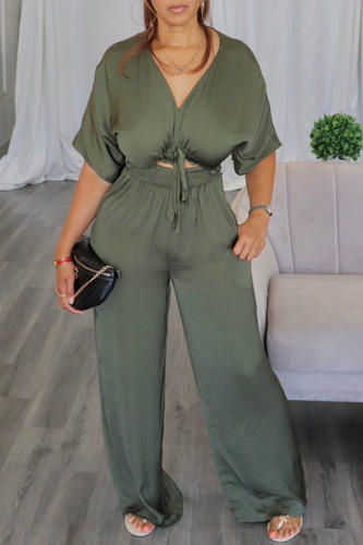 Army Green Fashion Casual Solid Hollowed Out Patchwork V Neck Regular Jumpsuits
