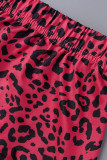 Red Casual Print Leopard Patchwork Slit V Neck Plus Size Two Pieces
