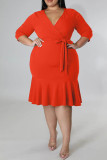 Röd Mode Casual Solid Bandage Patchwork V-hals omslagen kjol Plus Size Klänningar
