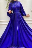 Blauwe mode effen uitgehold patchwork split coltrui lange mouwen jurken