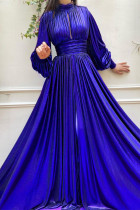 Blauwe mode effen uitgehold patchwork split coltrui lange mouwen jurken