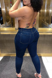 Mörkblå Casual Street Solid urholkat lapptäcke Jeans med hög midja