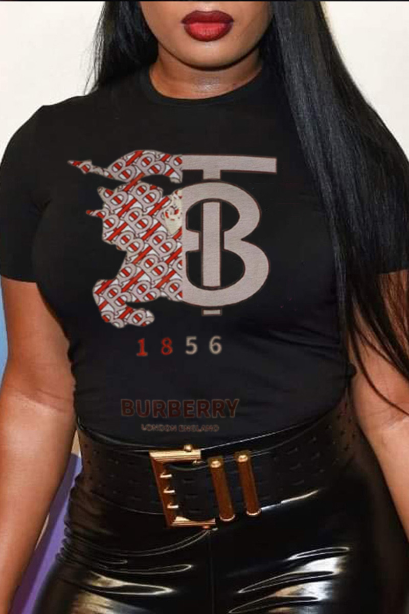 

Black Fashion Street Print Patchwork Letter O Neck T-Shirts