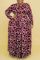 Burgund Casual Print Bandage Patchwork O Neck Plus Size Two Pieces