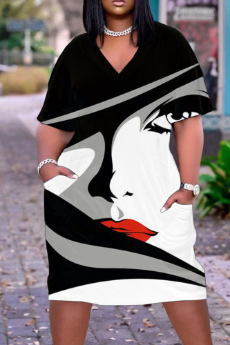 Серебристо-черный повседневный уличный принт в стиле пэчворк с V-образным вырезом прямые платья