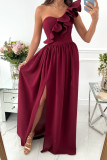Red Sexy Elegant Print Patchwork Flounce Oblique Collar Dresses