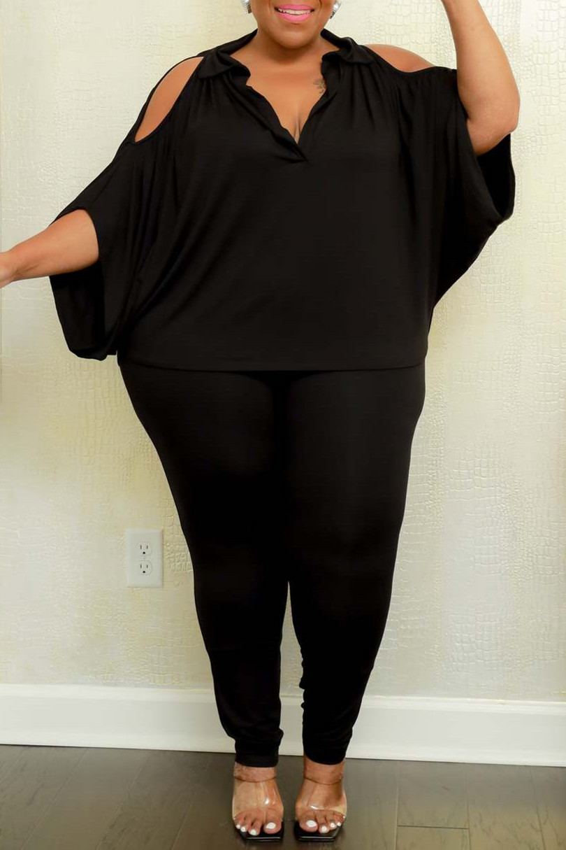 

Black Fashion Casual Solid Hollowed Out V Neck Plus Size Two Pieces