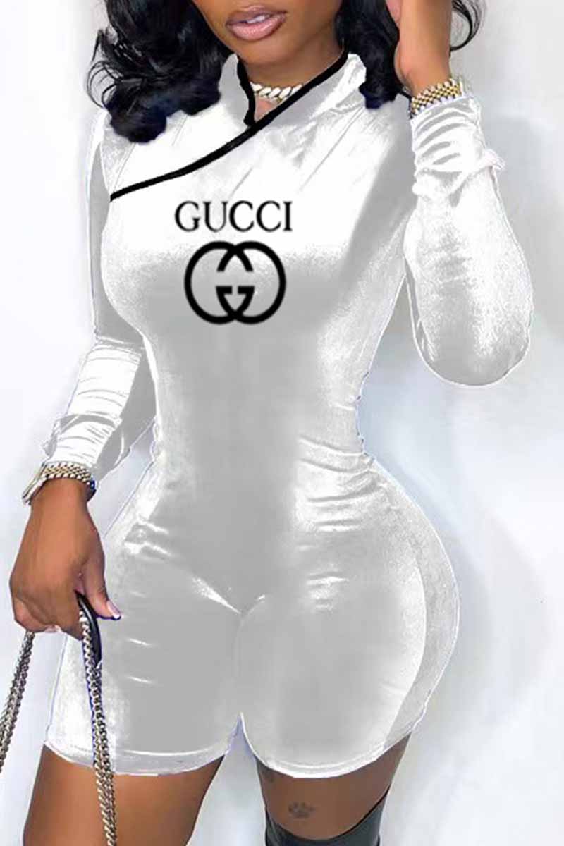 

White Fashion Casual Print Letter Mandarin Collar Jumpsuits