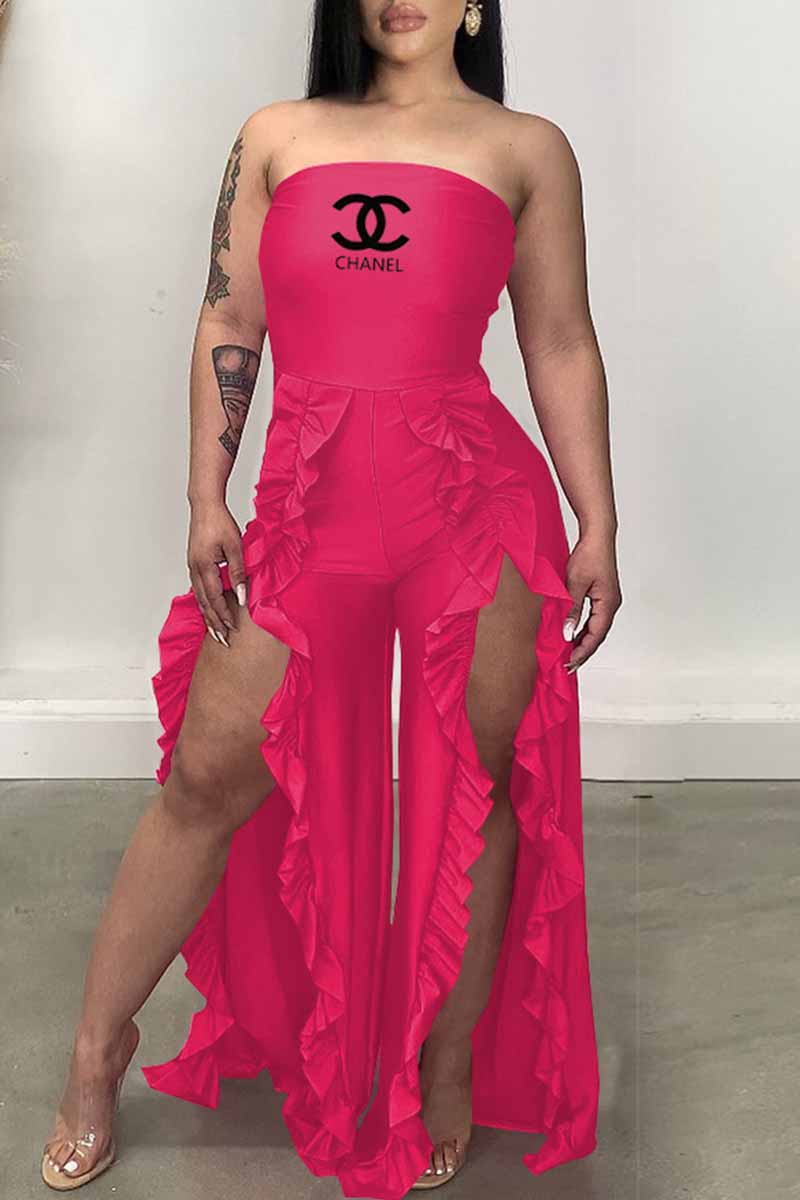 

Pink Fashion Sexy Letter Print Flounce Slit Strapless Jumpsuits
