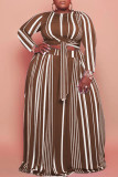 Coffee Casual Striped Print Bandage Patchwork O Neck Long Sleeve Two Pieces