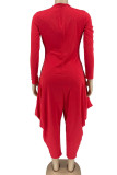 Red Sexy Solid Hollowed Out Patchwork V Neck Loose Jumpsuits