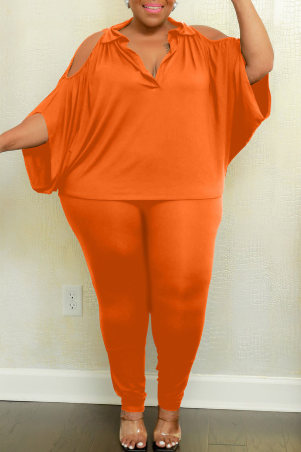 オレンジファッションカジュアルソリッドくり抜かれたVネックプラスサイズツーピース