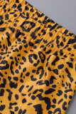 Tangerine Red Casual Print Leopard Patchwork Slit V Neck Plus Size Dos piezas