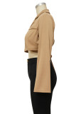 Coffee Casual Solid Bandage Patchwork Turn-back Collar Outerwear
