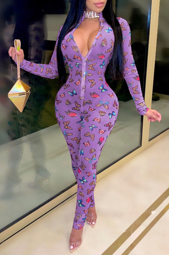 Purple Sexy Butterfly Print Patchwork Zipper Collar Skinny Jumpsuits