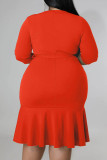 Красная модная повседневная сплошная повязка в стиле пэчворк с V-образным вырезом и завернутой юбкой Платья больших размеров