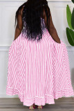 Rose Red Casual Sweet Striped Print Patchwork Buckle Spaghetti Strap Sling Dress Kleider