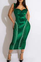 Green Sexy Solid Patchwork See-through Hot Drill Spaghetti Strap One Step Skirt Dresses