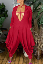 Rode sexy effen uitgeholde patchwork losse jumpsuits met V-hals