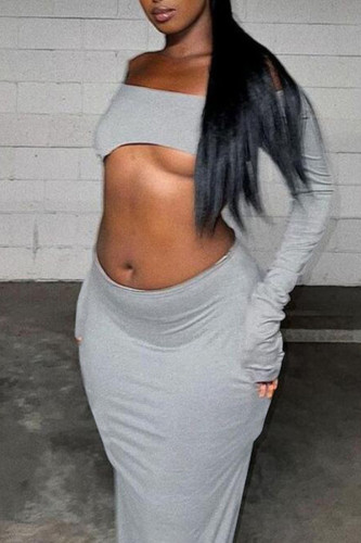 Grey Sexy Solid Patchwork Slit Asymmetrical Square Collar Long Sleeve Two Pieces